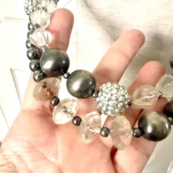 Long  double strand grey and clear beaded statement necklace - Picture 8 of 11